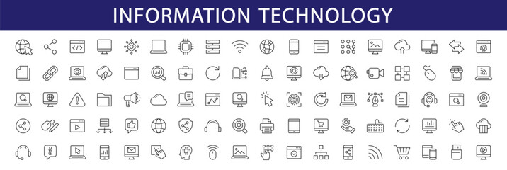 Information technology thin line icons set. Information Technology - IT editable stroke icon collection. Programming, Network, Website, Process, Internet, Data, Technology symbol. Vector
