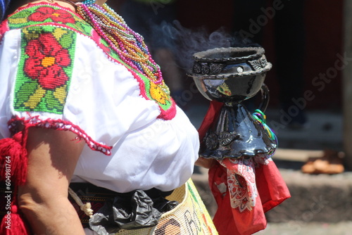 Image of a sahumerio with copal lit during a ritual of the indigenous communities of Mexico photo