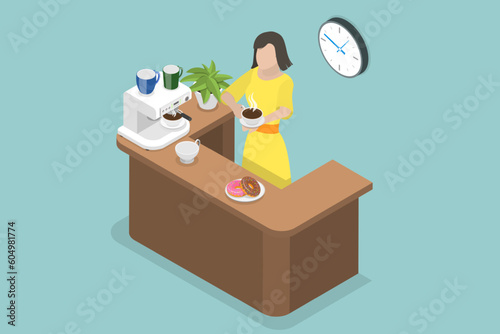 3D Isometric Flat Vector Conceptual Illustration of Coffee Time, Lunch Break