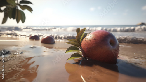 Apple in the tropics, beach serenity. Generative AI