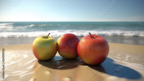 Apple lying on sandy beach, coastal delight. Generative AI