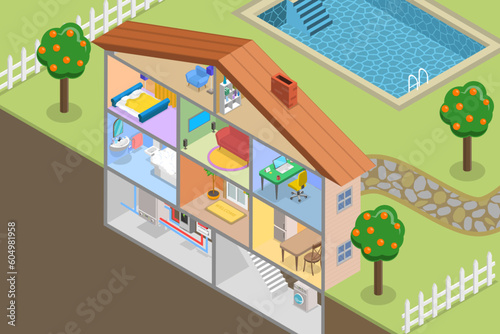 3D Isometric Flat Vector Conceptual Illustration of Contemporary Energy Efficient House, Innovative Home Technologies