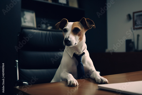 Cute dog in tie sits in the chair of the head in the office. Concept of leadership, management. Pet in business. Generative AI