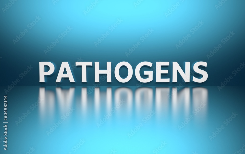 Science term 'Pathogens' displayed in bold blue letters on a blue background. Conceptual image representing biology, microorganisms, bacteria, viruses, disease, healthcare, medicine, research, and lab