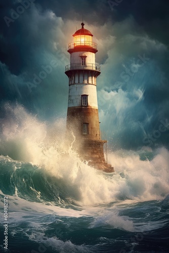 Lighthouse in the sea with strong waves. Generative AI