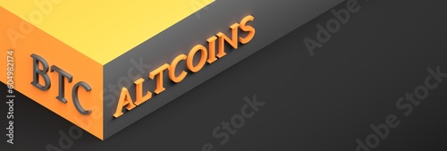 A banner with BTC symbol and word altcoins arranged on block, corner in orange black colors. The image represents the dynamic and exciting world of cryptocurrency finance. 3d render.
