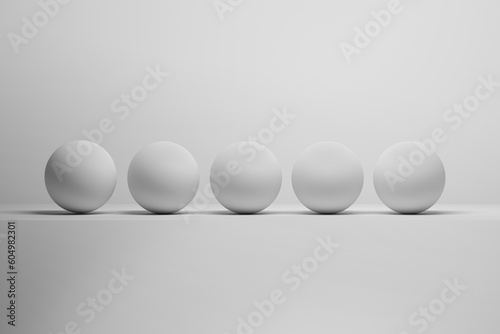 A row of five identical white spheres or balls - 3D RENDER