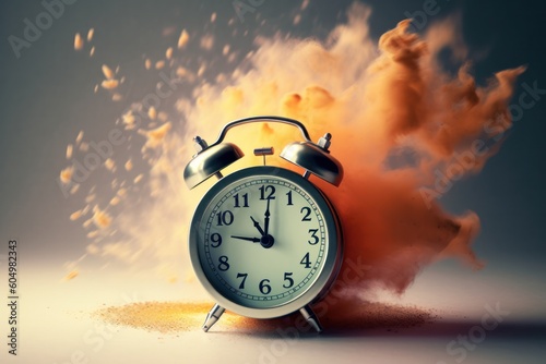 wake-up concept, vintage alarm clock ringing exploding to pieces, color dust explosion