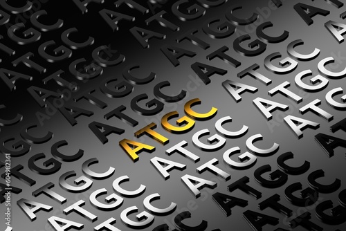 A close-up image of the letters ATGC arranged in a specific sequence, representing the genetic code of DNA. 3d render.