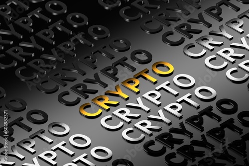 Single Crypto word written in bold letters in repetative manner with mirror effect. 3d render.