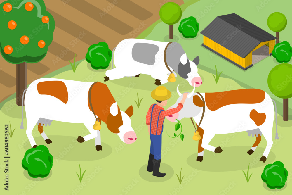 3D Isometric Flat Vector Conceptual Illustration of Cow Farm, Rural Summer Landscape