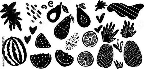 Fruits. Pineapple, watermelon, avocado. Exotic, vector grainy set of textural black elements for design, grunge jagged graphic patterns