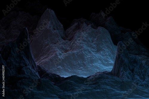 A futuristic-looking cave in the mountains, with solid rock formations and a blue glow emanating from within. The atmosphere is dark and mysterious. 3d render.