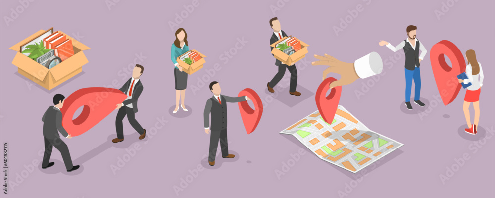 3D Isometric Flat Vector Conceptual Illustration of Office Relocation, Address Changing