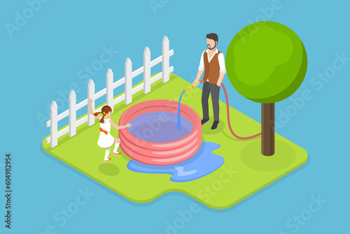 3D Isometric Flat Vector Conceptual Illustration of Kids Backyard Pool, Having Fun Outdoors