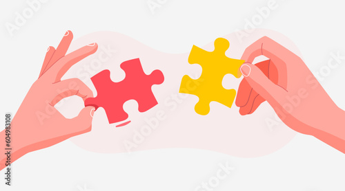 Hands put the puzzle together. The concept of cooperation. Modern flat style. Isolated on white background.