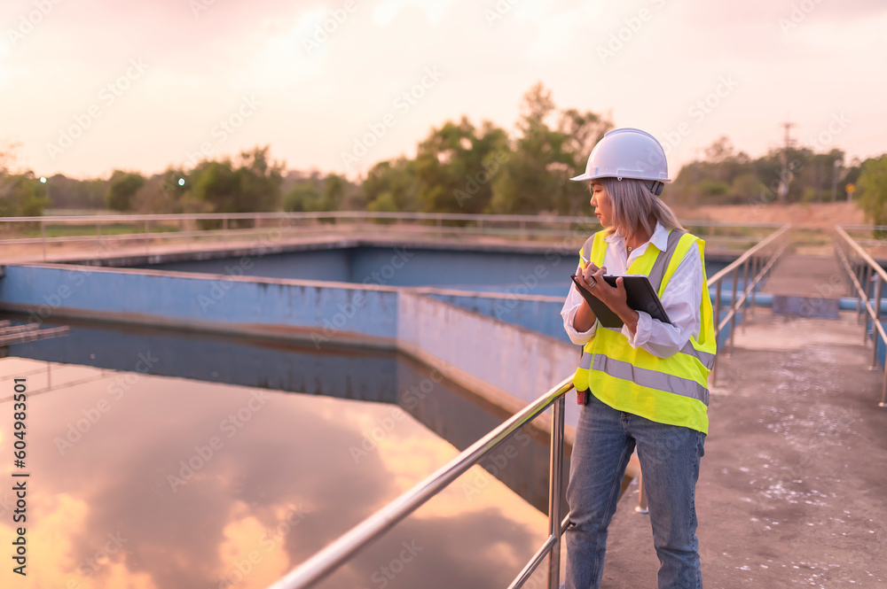 Environmental engineers work at wastewater treatment plants,Water supply engineering working at Water recycling plant for reuse,Technicians and engineers discuss work together.