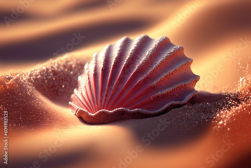 Surreal shell on the beach. Abstract clam with filigree shape on the sand. Generated AI.