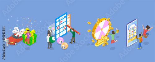 3D Isometric Flat Vector Set of Lottery Winners, Luck and Fortune