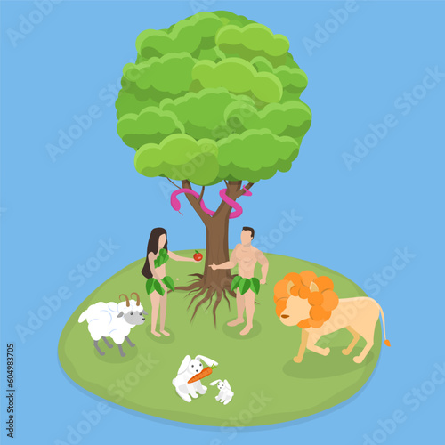 3D Isometric Flat Vector Conceptual Illustration of Garden Of Eden, Bible Myth of Adam and Eve
