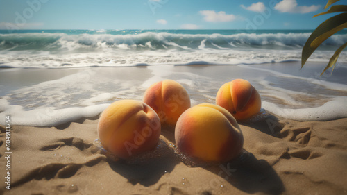 Peach lying on sandy beach, seaside delight. Generative AI