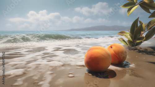 Peach on the sandy beach, coastal beauty. Generative AI
