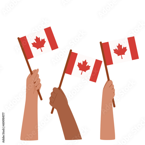 Hands holding Canadian flags. Vector hand drawn illustration.  © rmm
