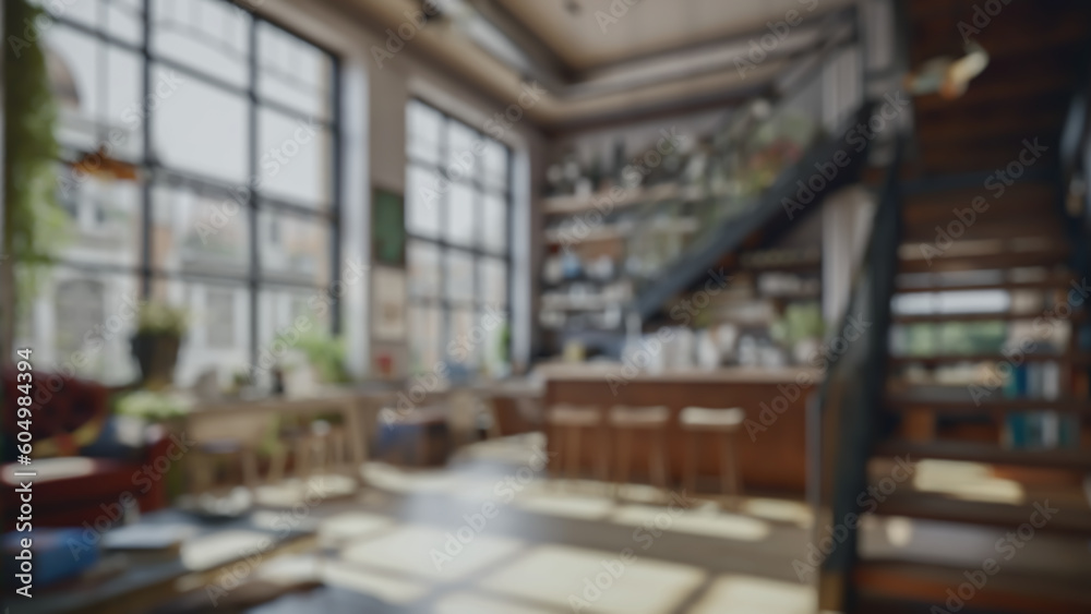 Architectural 3D Rendering Of Coffee Shop With Staircase Blurred Background Illustration