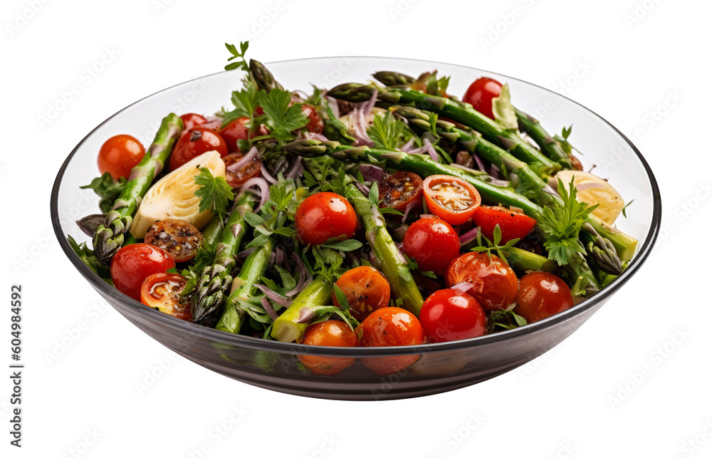 Roasted asparagus salad with tomato and basil on transparent background. Generative AI.
