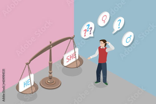 3D Isometric Flat Vector Conceptual Illustration of Thinking About Gender Roles, Gendered Pronouns