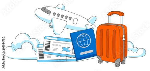 Travel aircraft illustration. Airplane, suitcase, tickets and passport for tourism advertising.