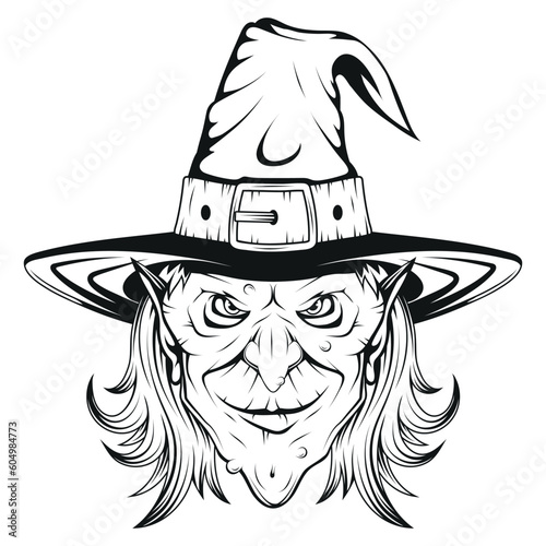 Witch. Vector illustration of a sketch scary witch in a classic hat. Halloween holiday celebration, fantasy and magic on all hallows eve in autumn season.