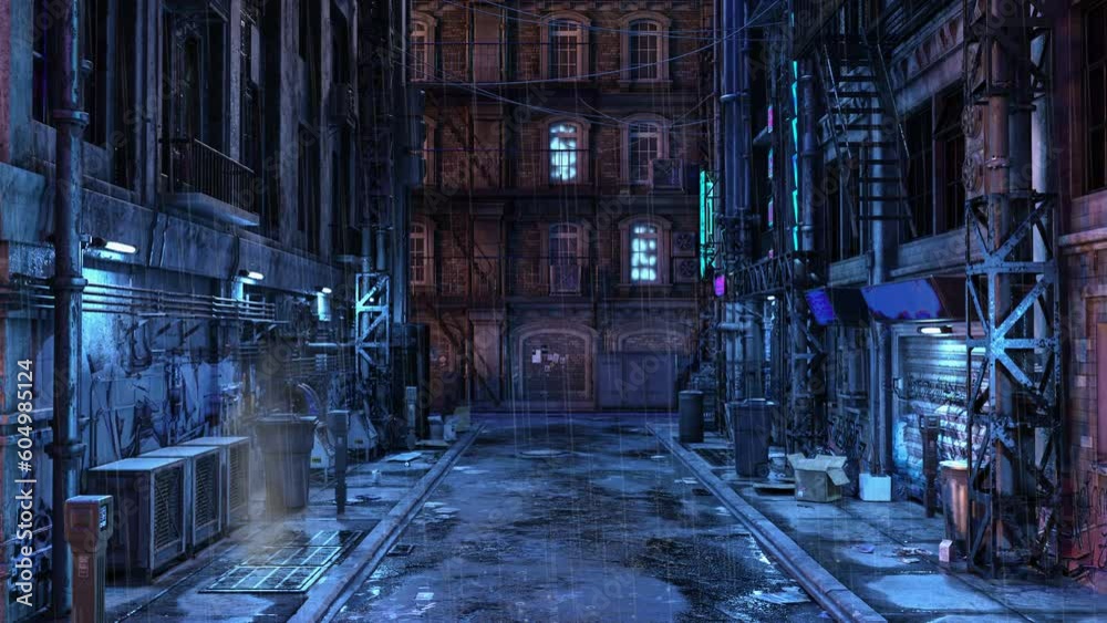 Dark seedy futuristic Cyberpunk city urban back street alley at night. Rain is falling. 3D animation.