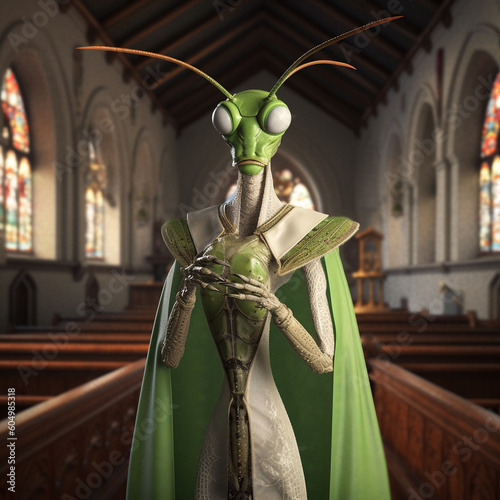 mantis grasshopper preacher in a church 