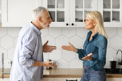 Domestic Conflicts. Portrait Of Senior Spouses Arguing In Kitchen Interior