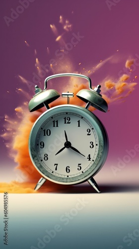 wake-up, vintage alarm clock exploding into colorful dust pain splashes, vertical pink background