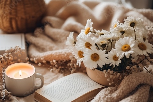 A chamomile-themed flat lay arrangement with chamomile tea  fresh flowers  a book  and a cozy blanket  creating a cozy and inviting scene ideal for lifestyle-related concepts. Generative AI