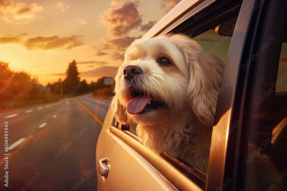 Happy dog driving in the car and looking through the window during golden hour Happy dog driving in the car and looking through the window during golden hour