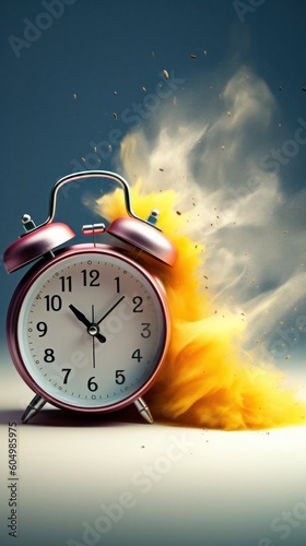 wake-up, vintage alarm clock ringing and exploding into colorful dust, blue and yellow, vertical