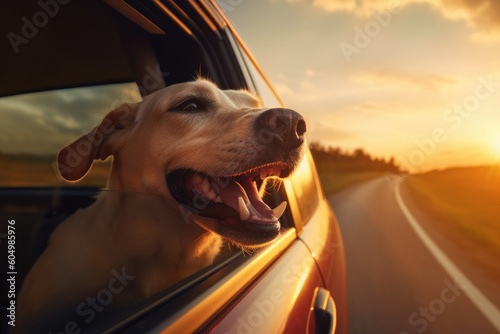 Happy dog driving in the car and looking through the window during golden hour