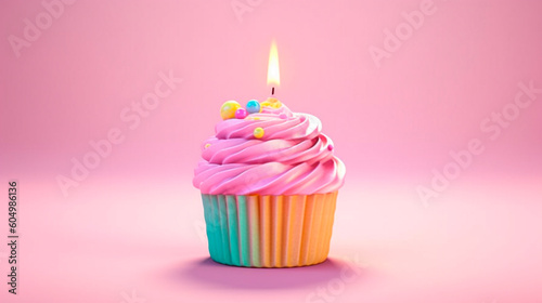 Birthday cupcake with a lit candle on a pink background. Generative AI.