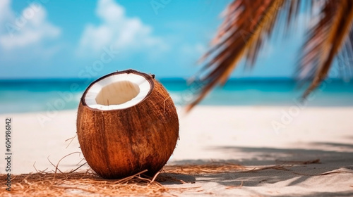 Coconut on the beach. Summer vacation concept. Generative AI.