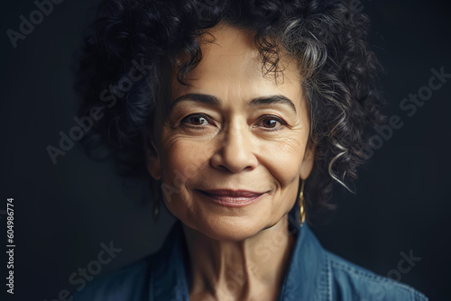 Elegant elderly asian woman with natural gray hair. Generative AI illustration