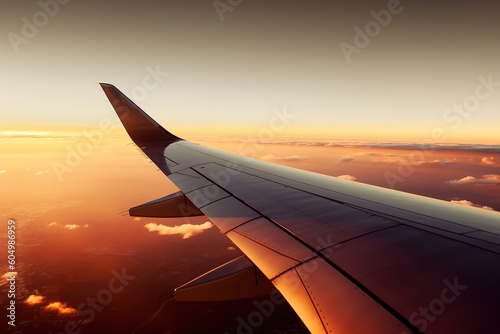 Airplane wing at sunset
