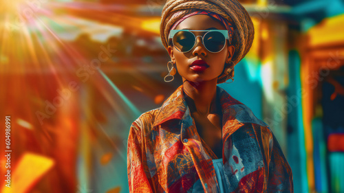 fashion woman colorful, the bold eclectic fashion styles of the Y2K era. dressed in the latest fashion trends of the time, including chunky shoes, low-rise pants, crop tops, and oversized sunglasses