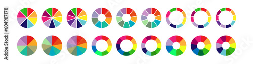 set of colored pie charts for 8,9,10 steps or sections to illustrate a business plan, infographic, reporting.