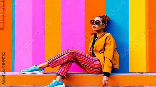 fashion woman colorful, the bold eclectic fashion styles of the Y2K era. dressed in the latest fashion trends of the time, including chunky shoes, low-rise pants, crop tops, and oversized sunglasses photo