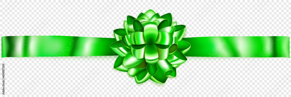 Beautiful green shiny bow with horizontal ribbon with shadow on transparent background Beautiful green shiny bow with horizontal ribbon with shadow on transparent background