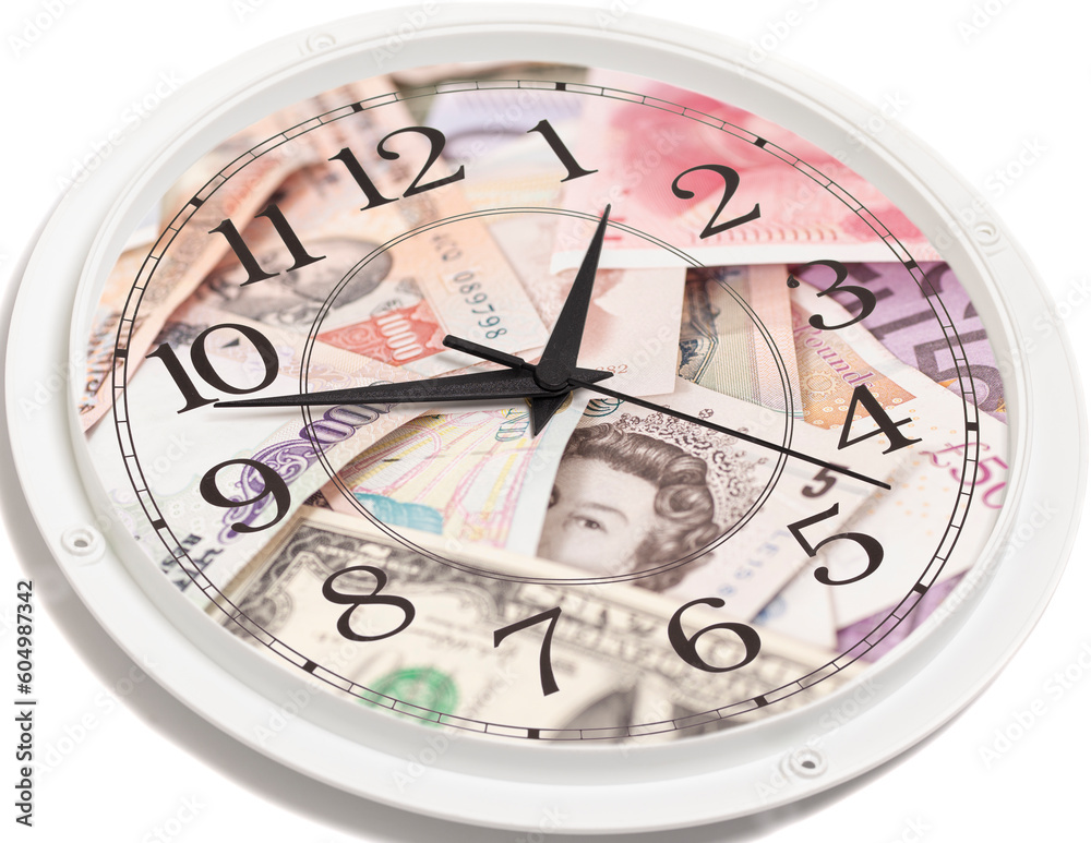 Clock face with International currencies. Time is money concept - obrazy, fototapety, plakaty 