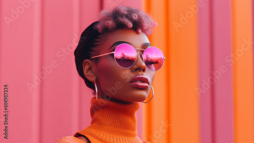 fashion woman colorful, the bold eclectic fashion styles of the Y2K era. dressed in the latest fashion trends of the time, including chunky shoes, low-rise pants, crop tops, and oversized sunglasses